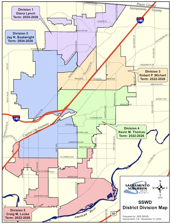 Map of Sacramento Suburban Water District divisions with terms: Division 1-5, leaders named, and terms from 2022-2028.