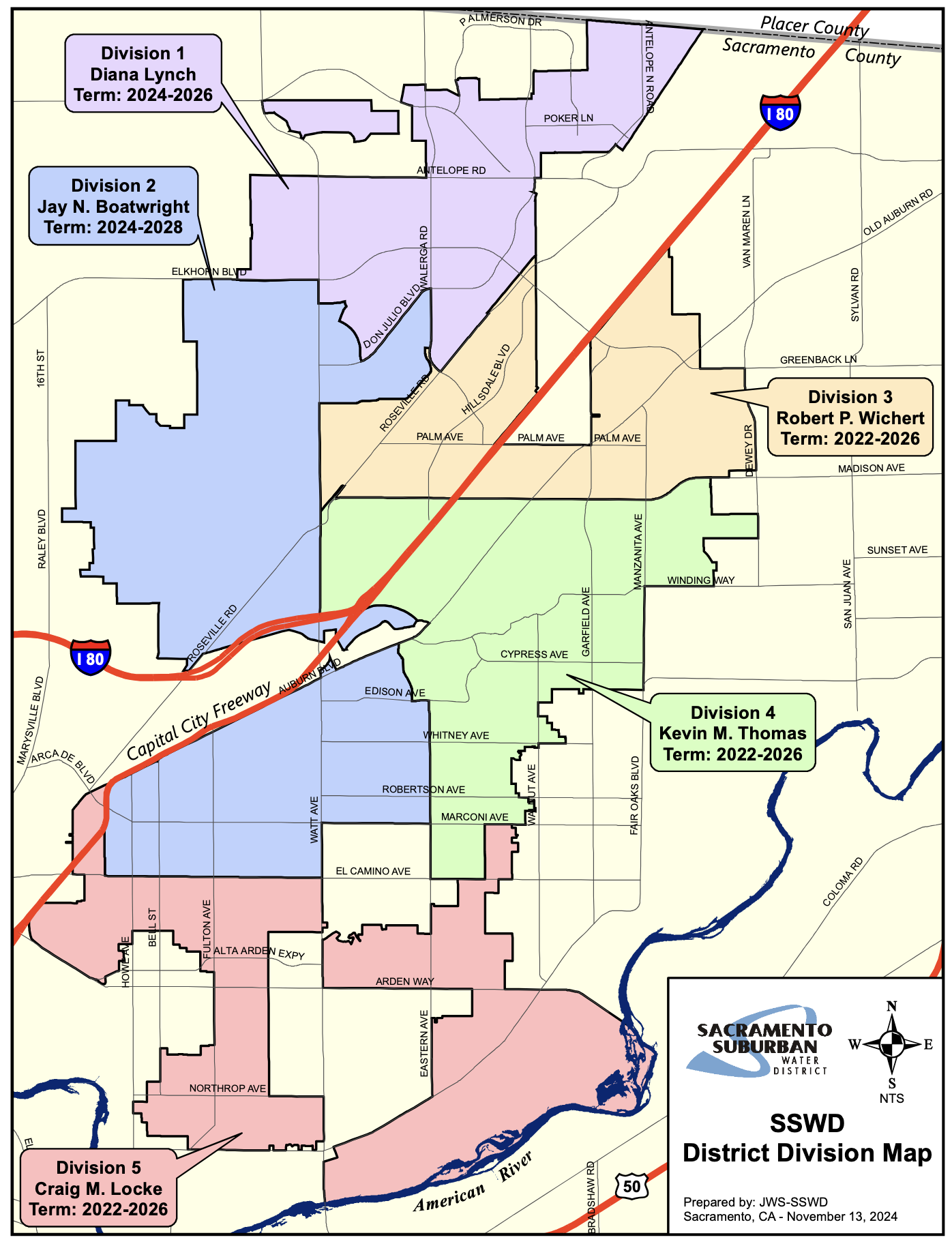 Map of Sacramento Suburban Water District divisions with terms: Division 1-5, leaders named, and terms from 2022-2028.