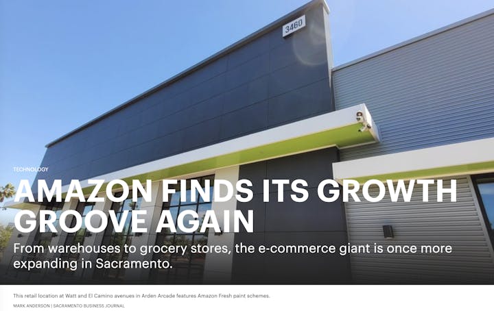 A building with Amazon Fresh color scheme, indicating expansion in Sacramento.