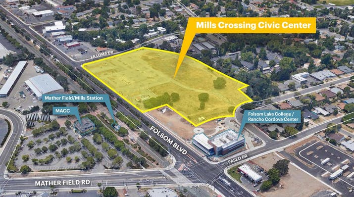 A map showing the location of Mills Crossing Civic Center, near Folsom Boulevard and Mather Field Road.