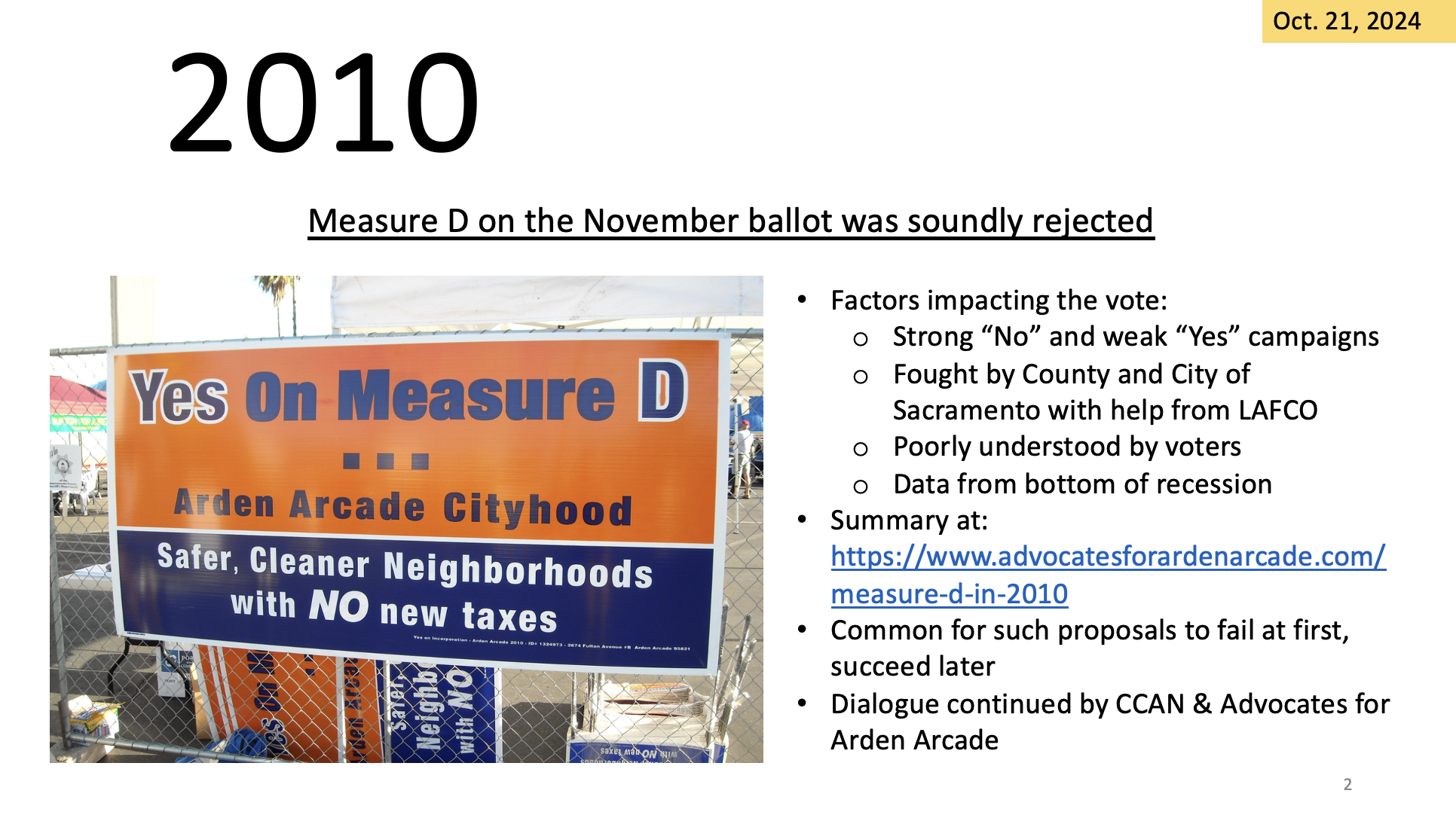 A slide discussing the rejection of Measure D in 2010, factors impacting the vote, and a link to a summary. There's a "Yes on Measure D" poster shown.