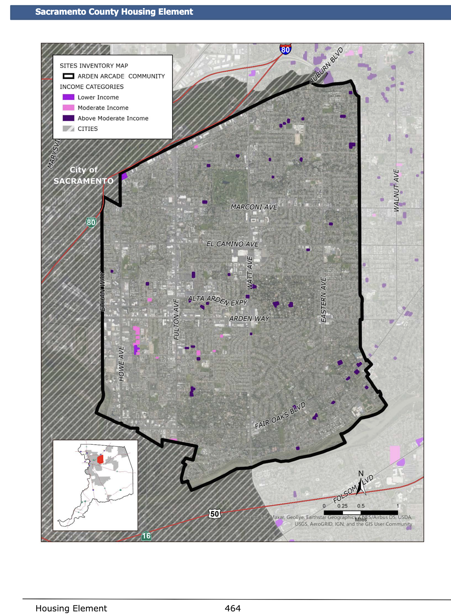 Map of Sacramento County showing housing income categories: pink (lower), purple (moderate), dark purple (above moderate).