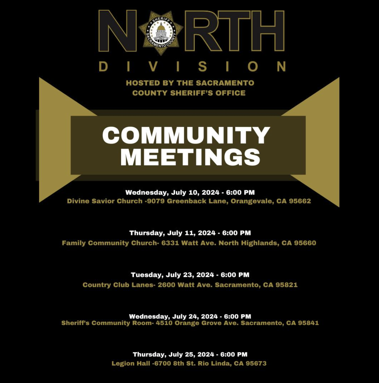 Flyer for community meetings hosted by Sacramento County Sheriff's Office, listing dates, times, and locations.