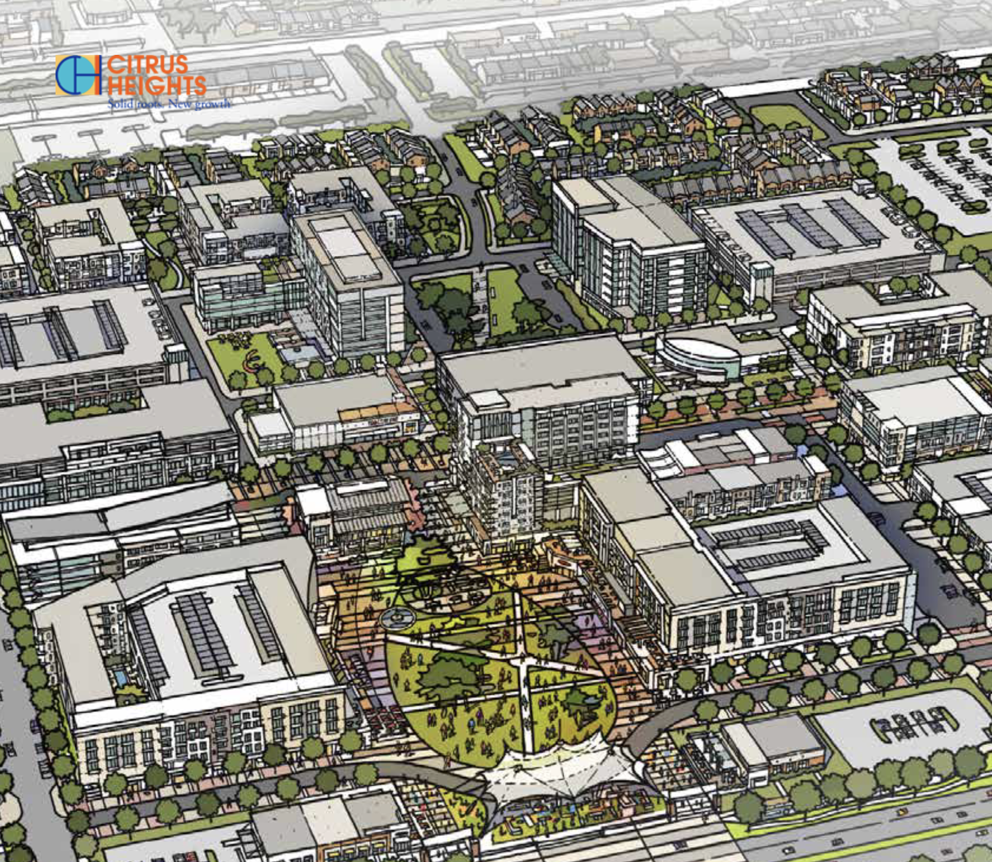 An illustrated urban development plan showing buildings, streets, and green spaces.