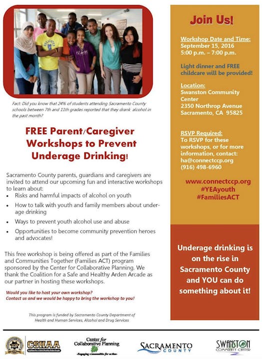 The image promotes free workshops for parents in Sacramento to prevent underage drinking, detailing date, location, and topics covered.