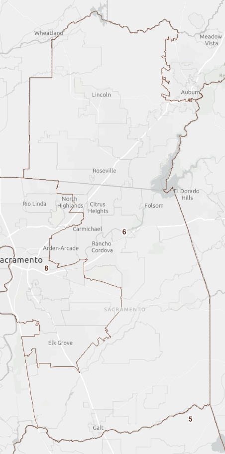 The image is a map of SD03 highlighting various neighborhoods and areas in Sacramento, California, with specific boundaries outlined.