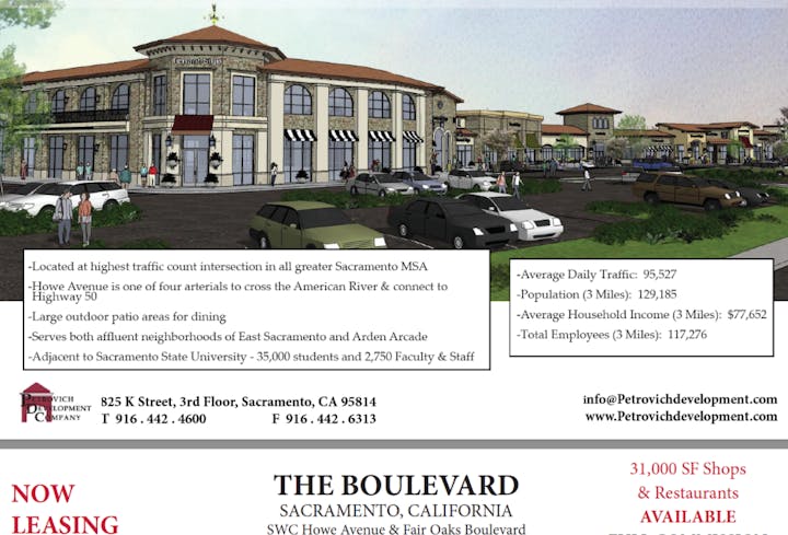 The image promotes "The Boulevard" in Sacramento, a retail space near busy intersections, featuring shops, restaurants, and key demographics.