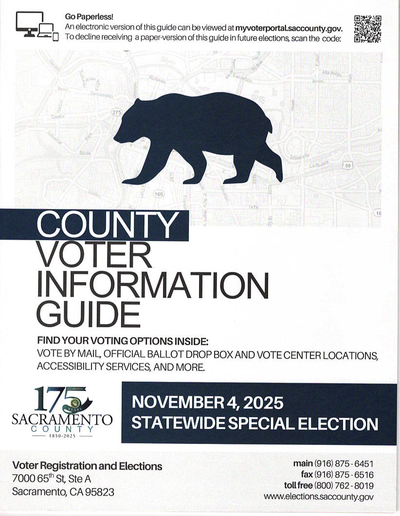 County Voter Information Guide for Sacramento, CA. Special election on Nov 4, 2025. Details on voting options and contact info.
