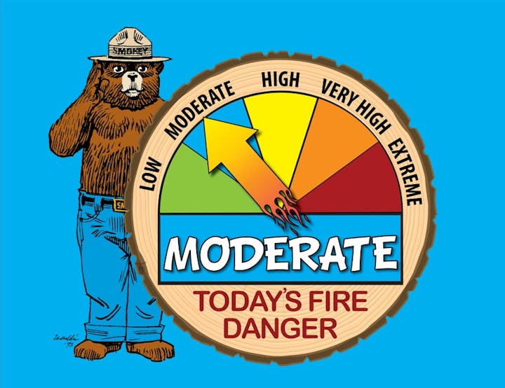 Bear with a fire danger level chart pointing to "Moderate."