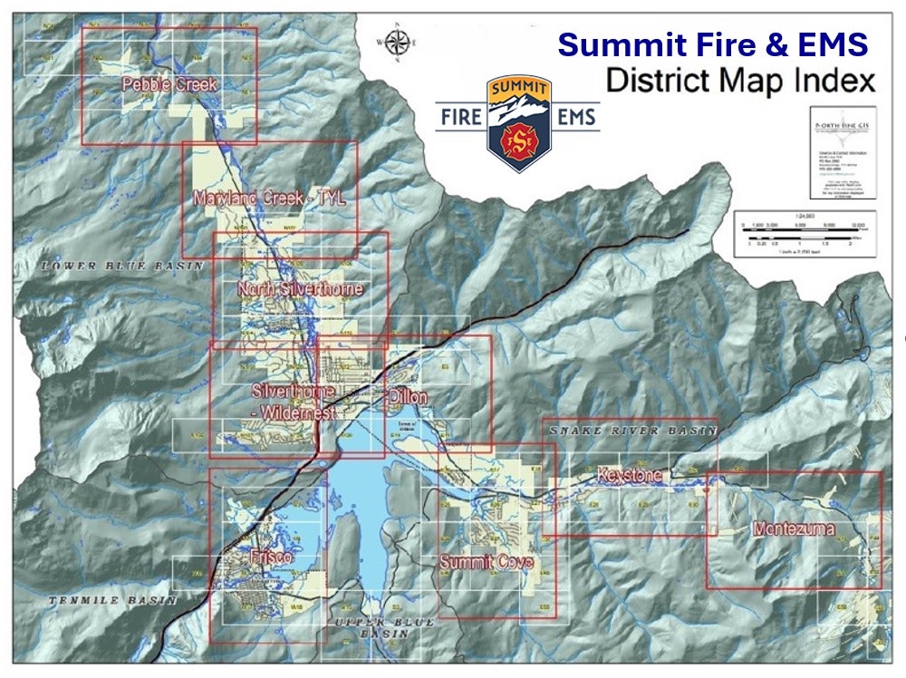 A topographic map showing Summit Fire & EMS district areas with various basins and towns marked.