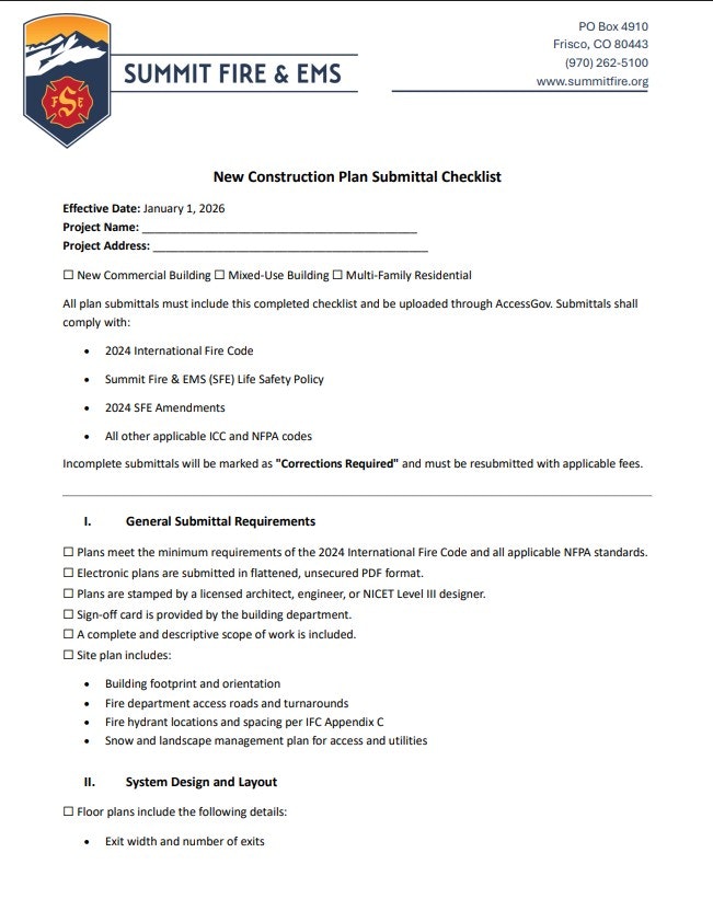 It's a checklist for new construction plan submissions, detailing requirements for compliance with fire codes and safety policies.
