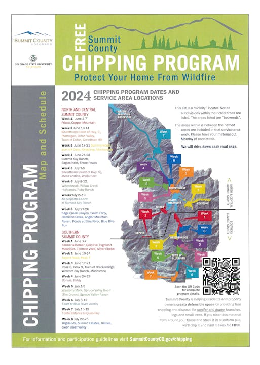 Flyer for Summit County Chipping Program with schedule, map, and a QR code for wildfire home protection.