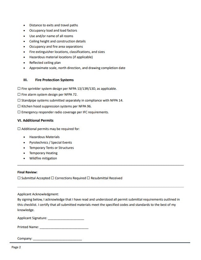 The image contains a checklist for fire protection systems and additional permit requirements for compliance with safety codes.