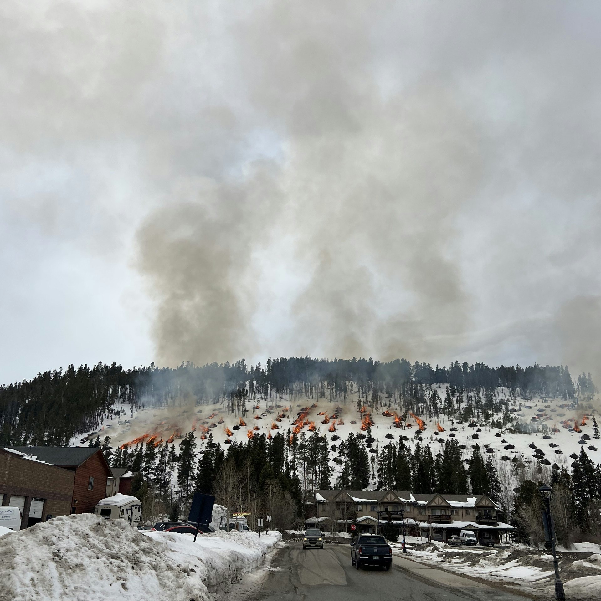 Forest on a snowy hillside with controlled burn piles, smoke rising, residential area in the foreground.