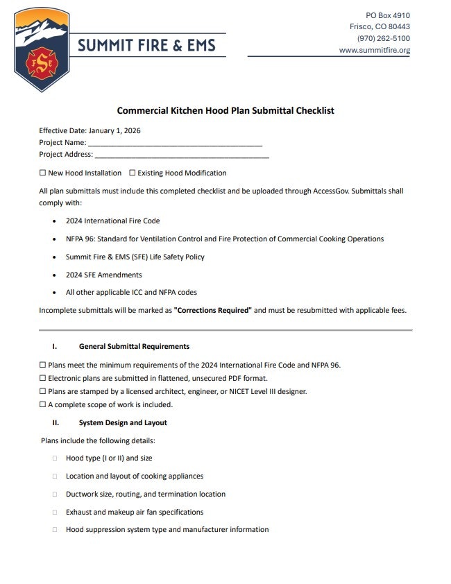 A checklist for commercial kitchen hood plans, requiring compliance with fire codes and specific design details for submissions.