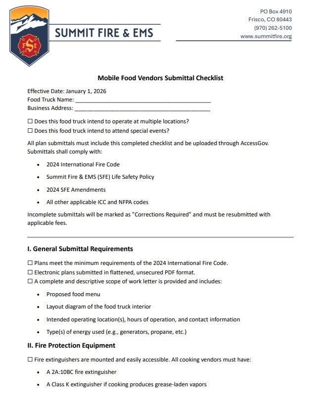 A checklist for mobile food vendors detailing submission requirements, fire safety codes, and equipment needed.
