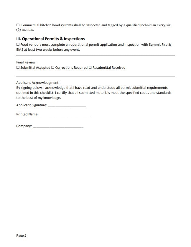 The image contains a checklist for operational permits and inspections for food vendors, including acknowledgment and signature sections.