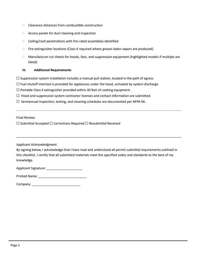 The image shows a checklist for fire safety requirements, including installation details and applicant acknowledgment for compliance.