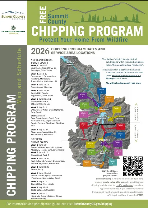 A map detailing the 2026 Summit County Chipping Program, including service dates and locations to help protect homes from wildfire.