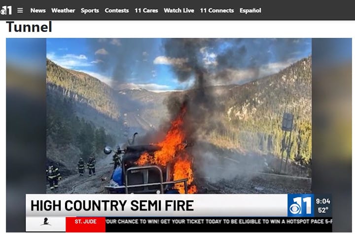 A burning truck with firefighters around, mountainous backdrop, news overlay "HIGH COUNTRY SEMI FIRE".