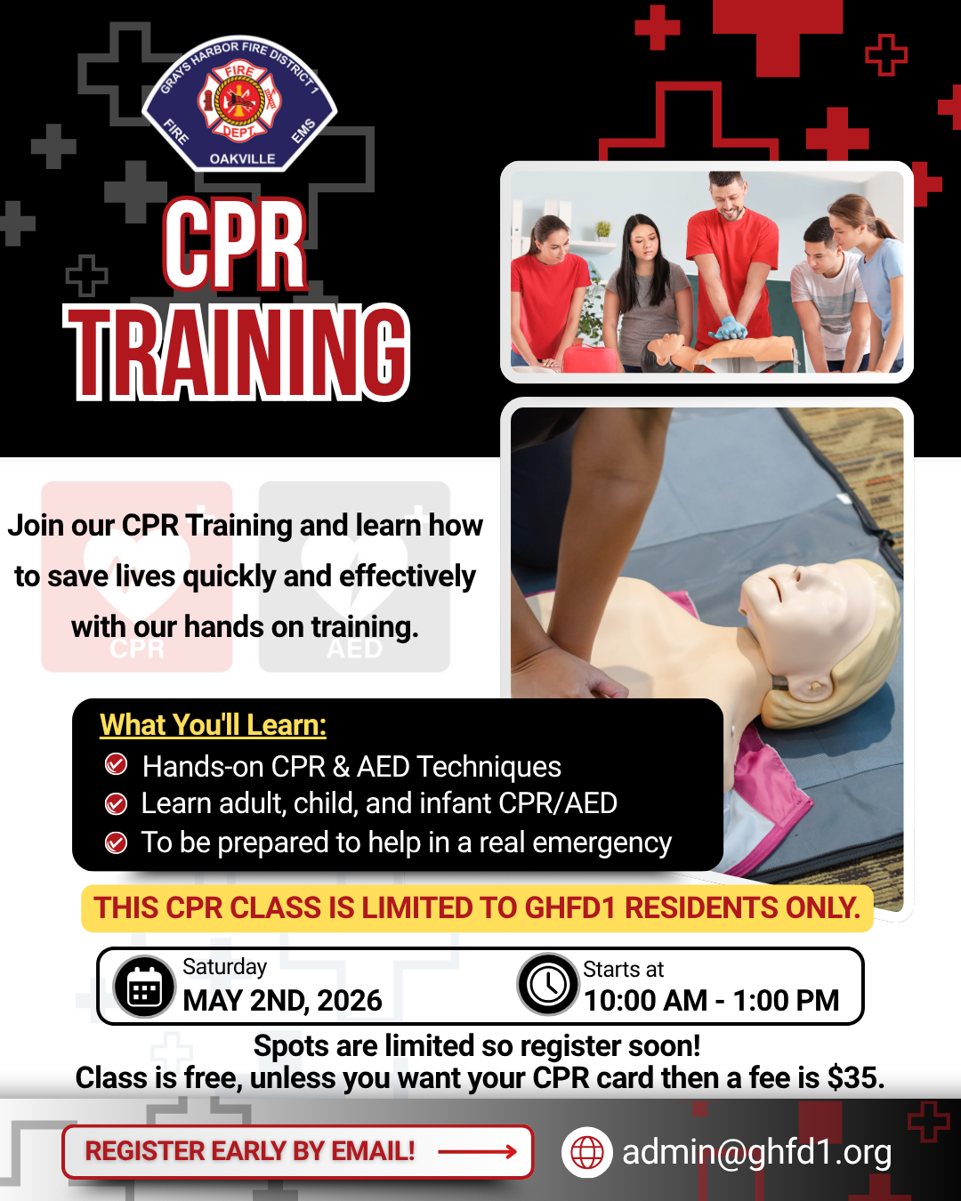 CPR training on May 2, 2026, from 10 AM to 1 PM. Hands-on techniques for adults, children, and infants. Limited to GHFD1 residents.