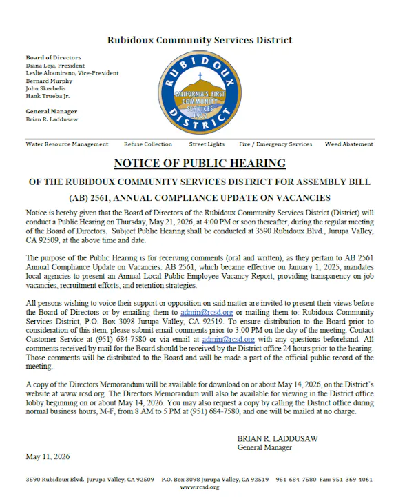 Public hearing notice by Rubidoux Community Services District on May 21, 2026, regarding AB 2561 compliance on vacancies.