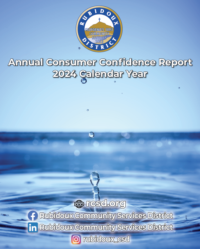 Rubidoux District logo, "Annual Consumer Confidence Report 2024," water droplet image, and social media info for Rubidoux Community Services.