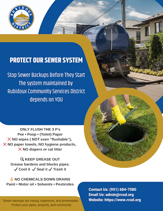 The image promotes proper sewer use: only flush pee, poop, and toilet paper. Avoid wipes, grease, and chemicals to prevent backups.