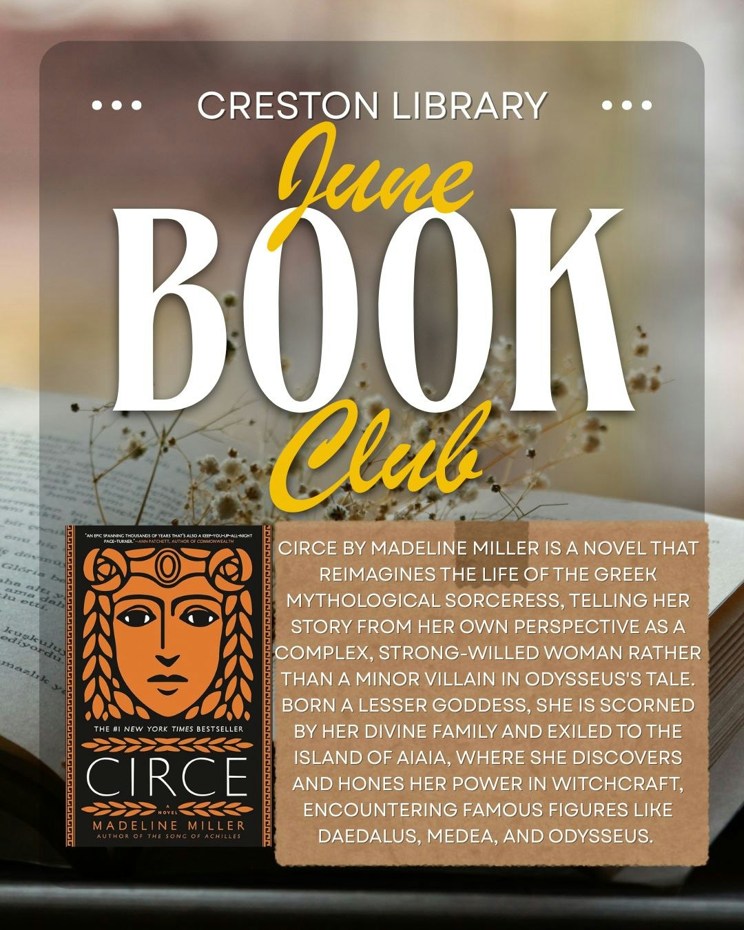 The image promotes the Creston Library's June Book Club, featuring "Circe" by Madeline Miller, a retelling of the Greek myth.