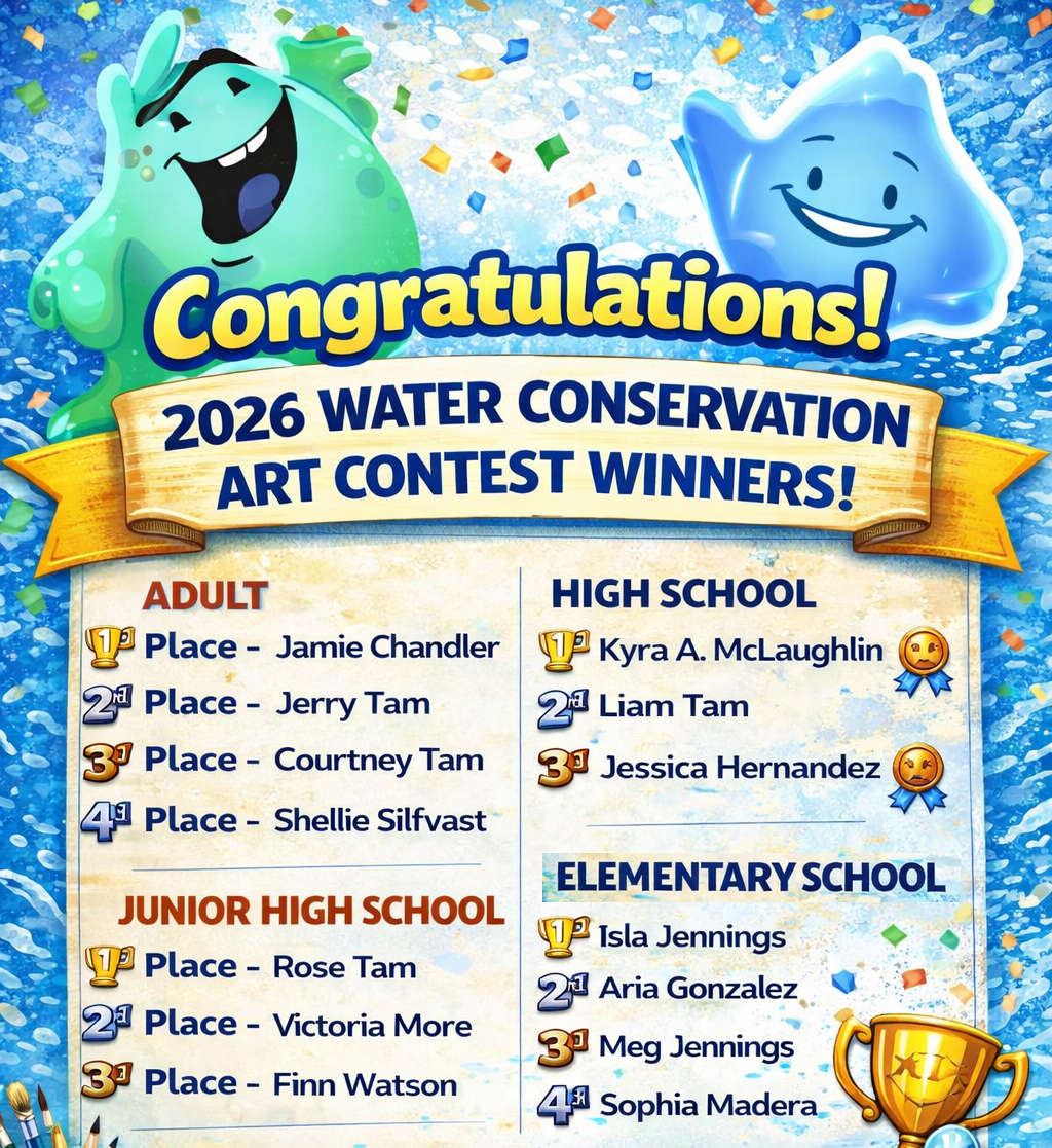 Winners of the 2026 Water Conservation Art Contest in various categories: Adult, Junior High, High School, and Elementary School.