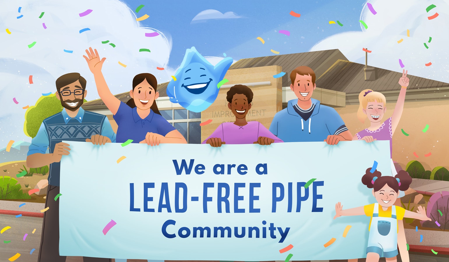 Group of people holding a banner stating, "We are a LEAD-FREE PIPE Community" with confetti in the air.
