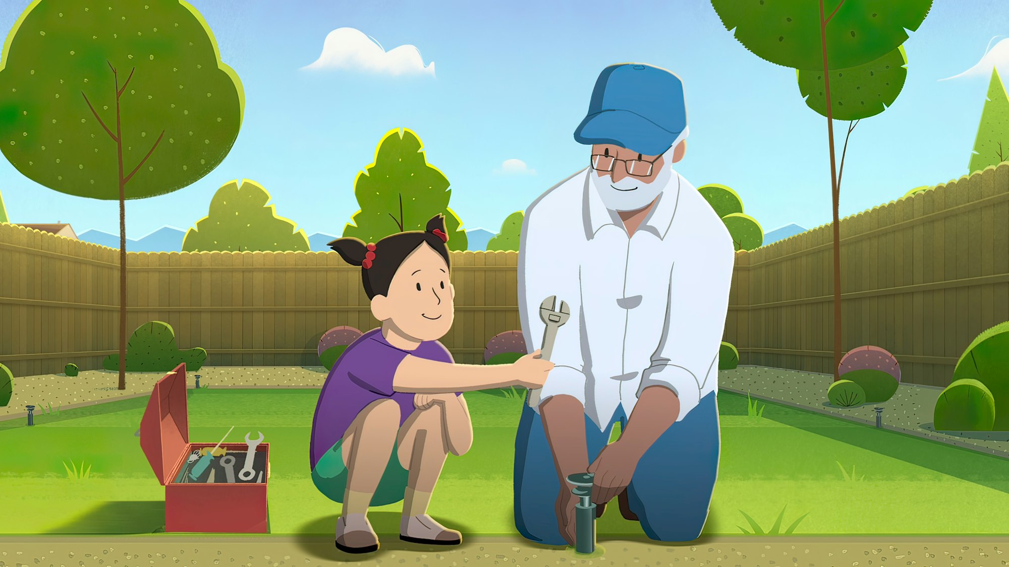 Animated girl handing a wrench to an elderly man while working outside, tool box open, sunny backyard setting.