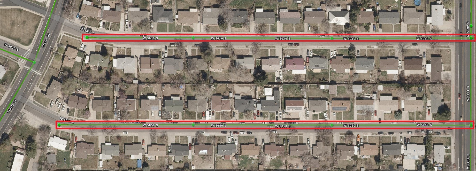 The image shows an aerial view of a residential neighborhood with streets labeled, featuring two parallel rows of houses.