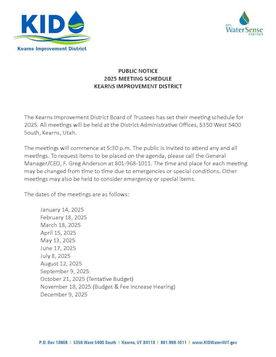 Public notice for Kearns Improvement District's 2025 meeting schedule. Meetings at 5:30 p.m., Kearns, Utah.