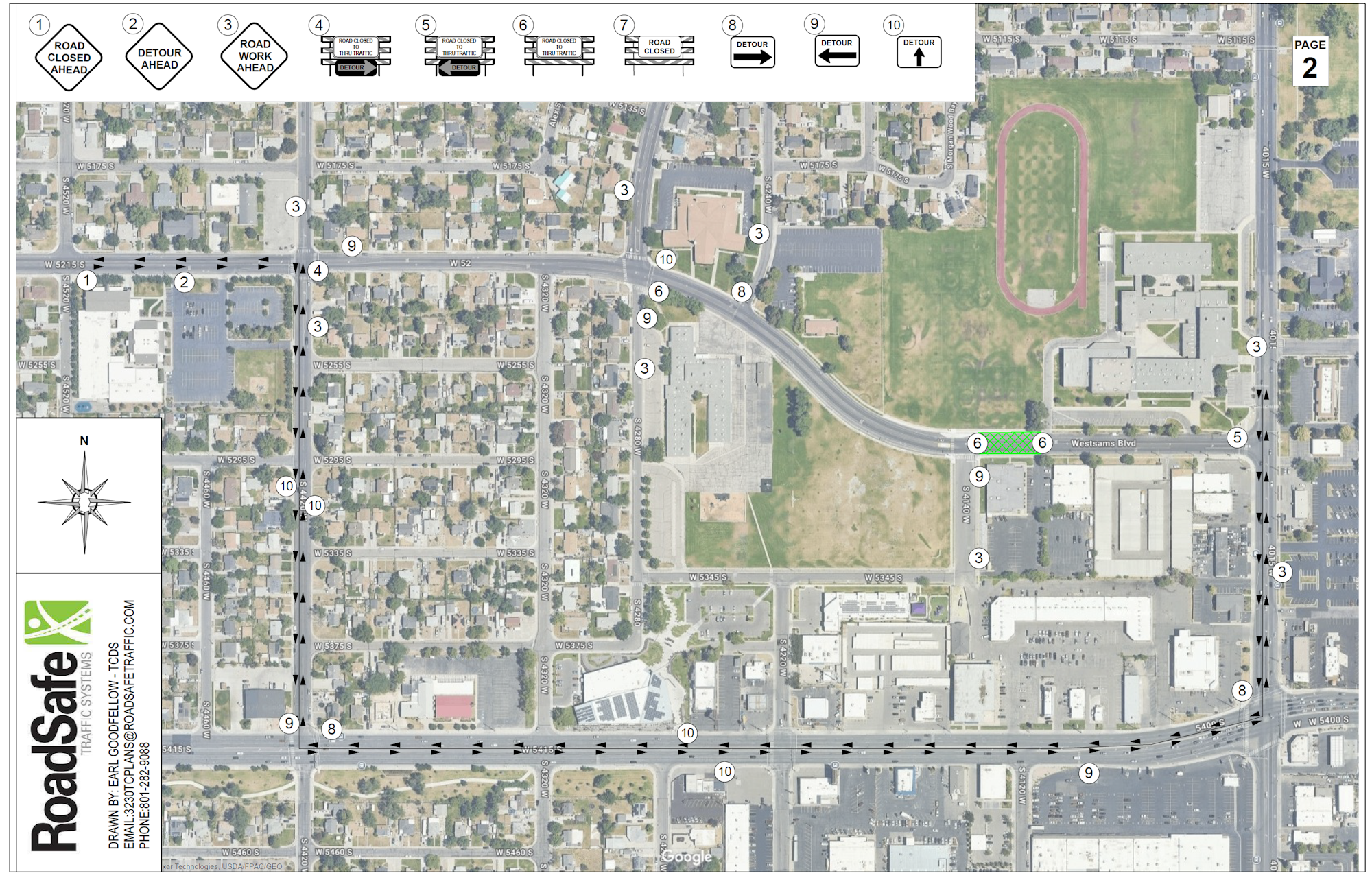 The image is a map showing road closures and detours in a neighborhood, marked with symbols and labeled streets.