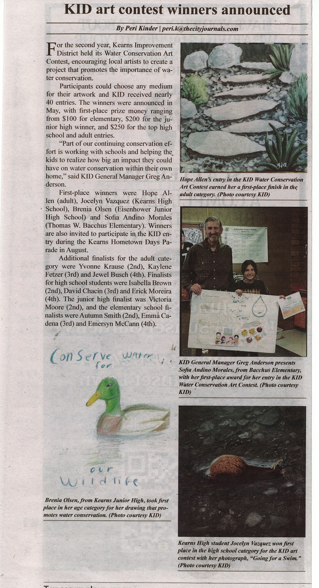 Newspaper article about winners of a water conservation art contest.