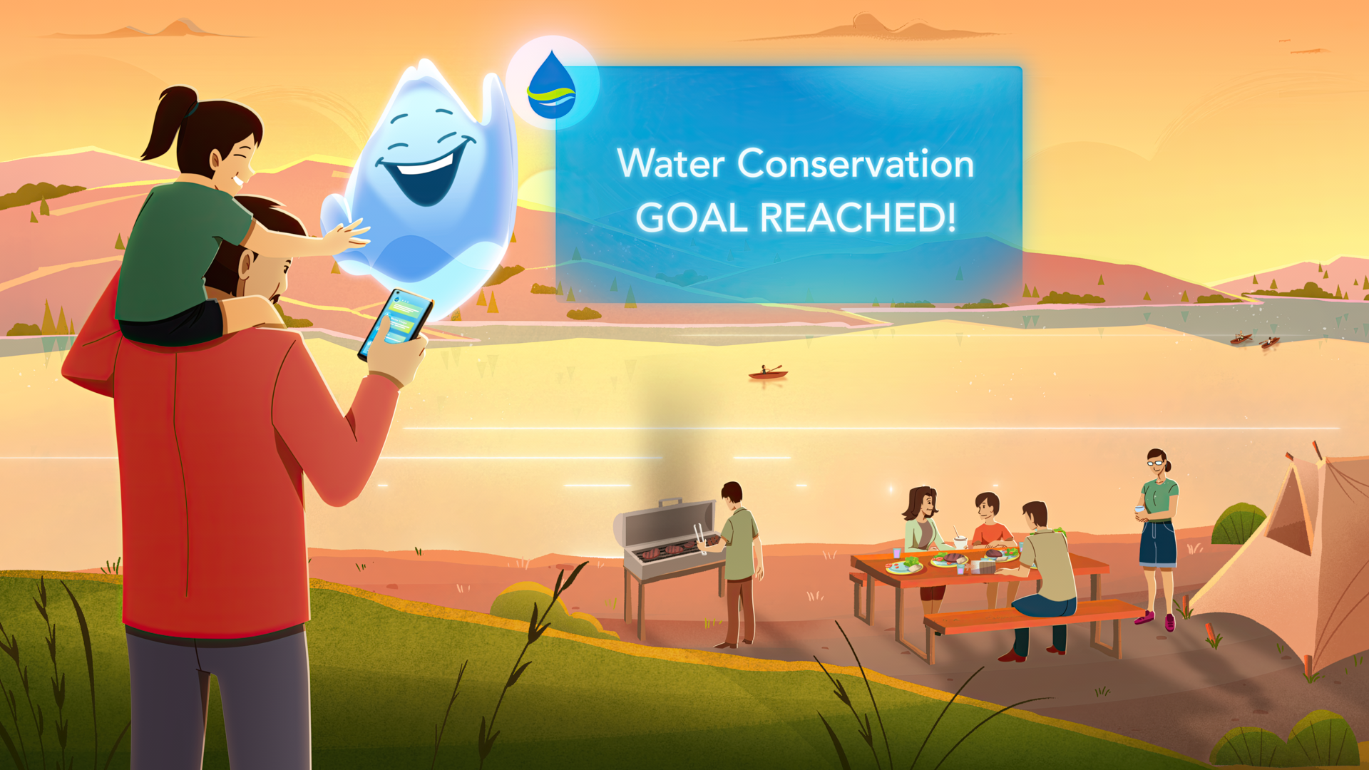 Illustration of a family in a park with a "Water Conservation GOAL REACHED!" sign, people having a picnic, BBQ, camping, and kayaking in the background.
