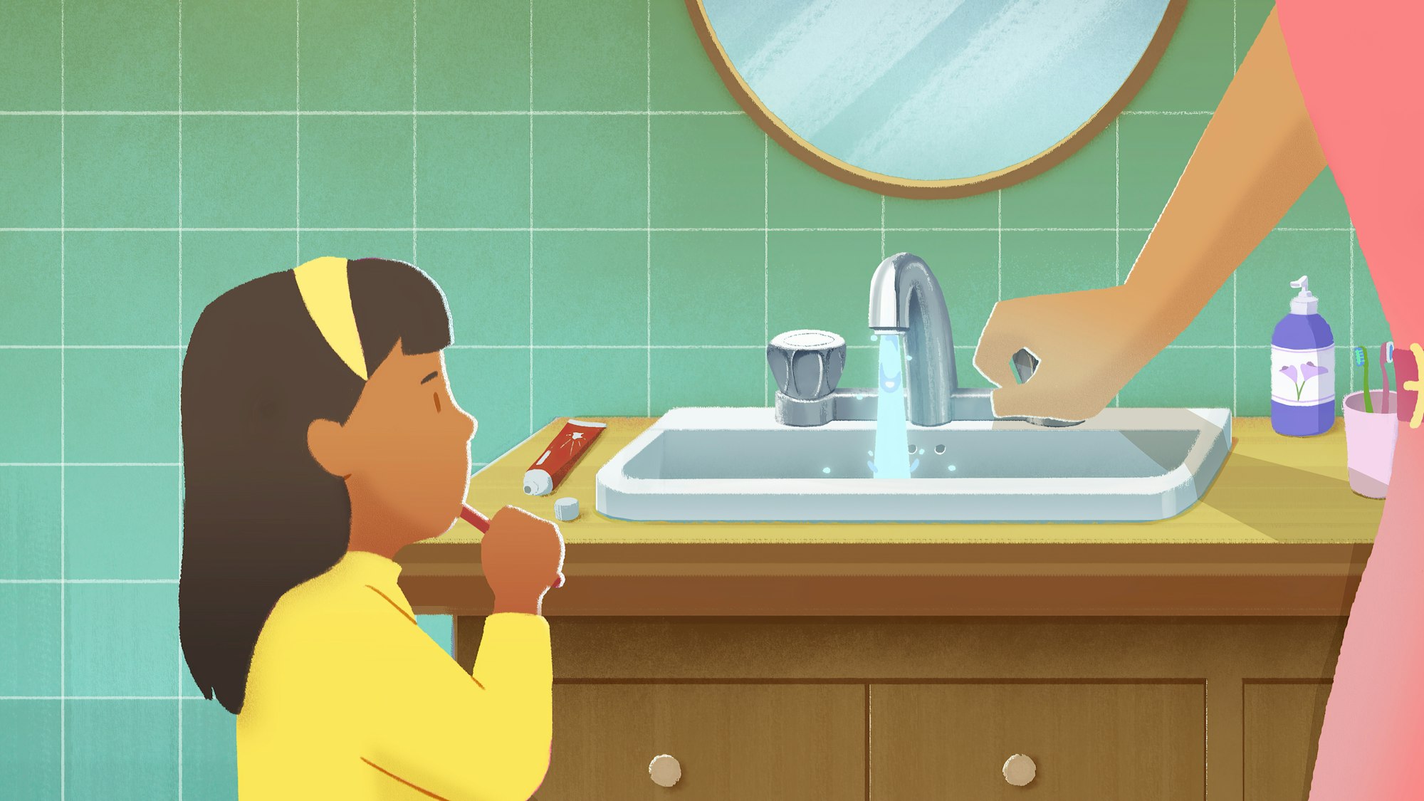 A girl brushes teeth by a sink, with a hand turning on water. Mirror, soap, toothpaste, and a green tiled wall in the background.