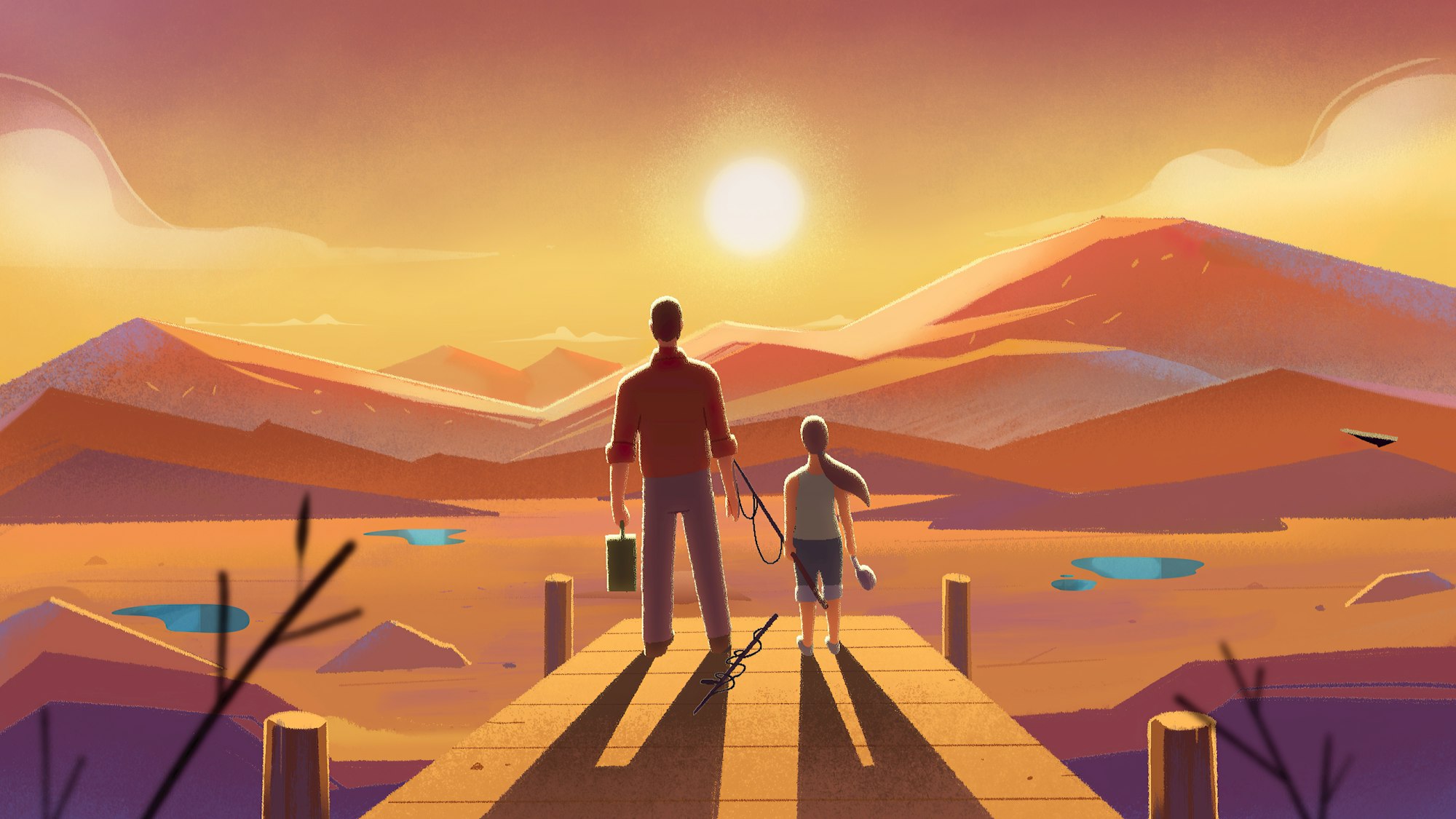 Two people on a dock during sunset, with a fishing rod and bucket, overlooking a serene lake and mountains.