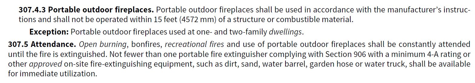 Guidelines for using portable outdoor fireplaces, including distance from structures and requirement for fire extinguishing equipment.