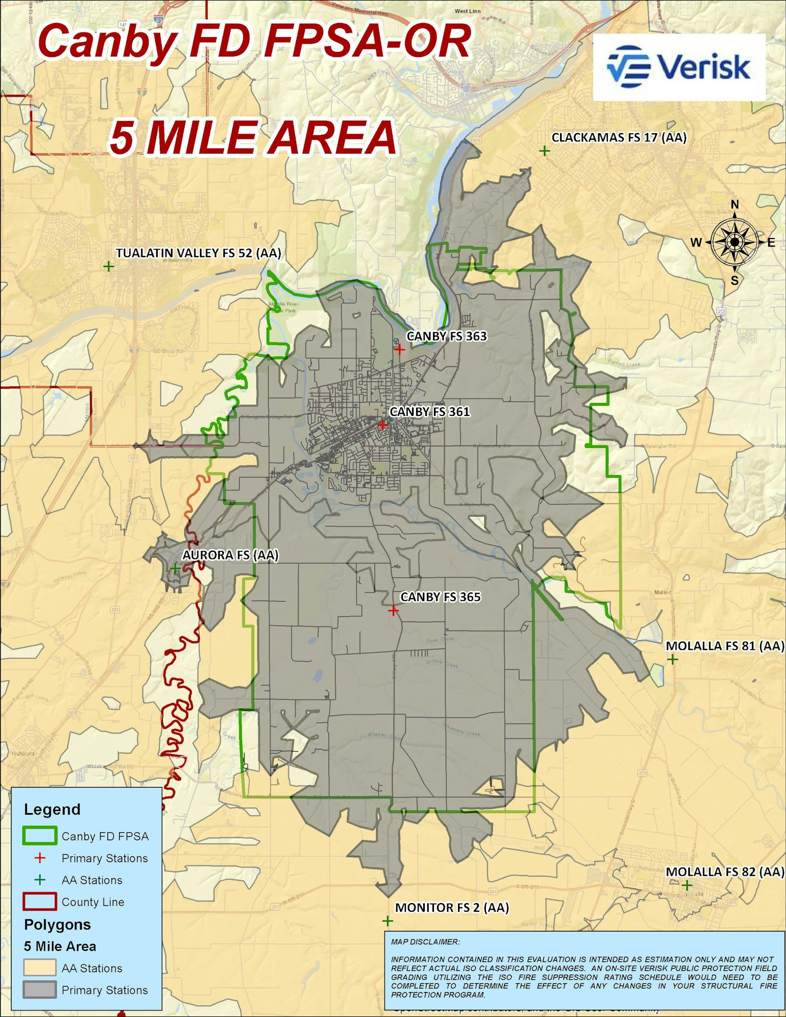 A map showing the Canby Fire Department Fire Protection Service Area (FPSA) in Oregon with station locations and boundaries.