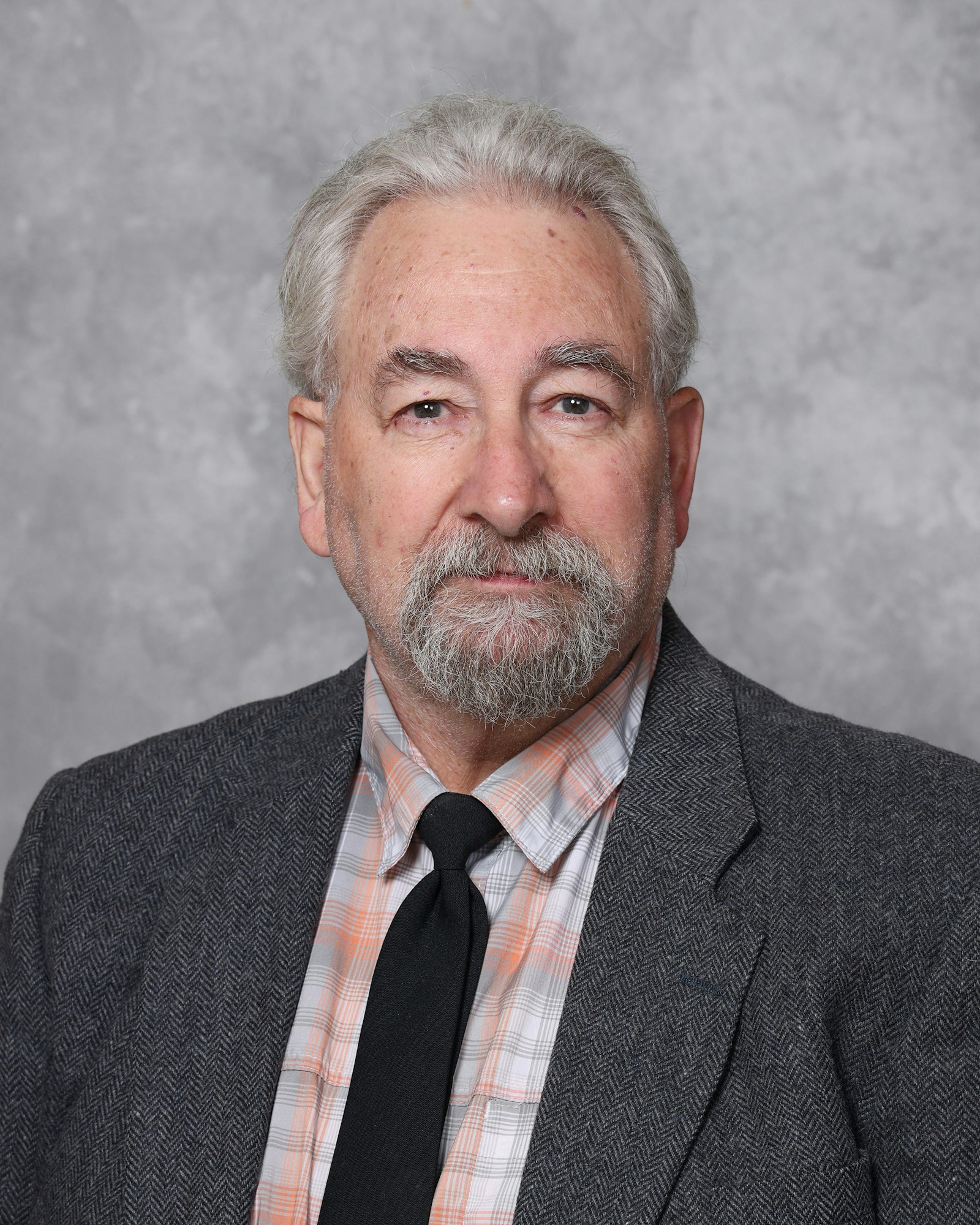 Headshot of a man with a beard, wearing a blazer, tie, and checkered shirt.