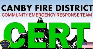 Logo for Canby Fire District Community Emergency Response Team (CERT) with a green and black background and an American flag.