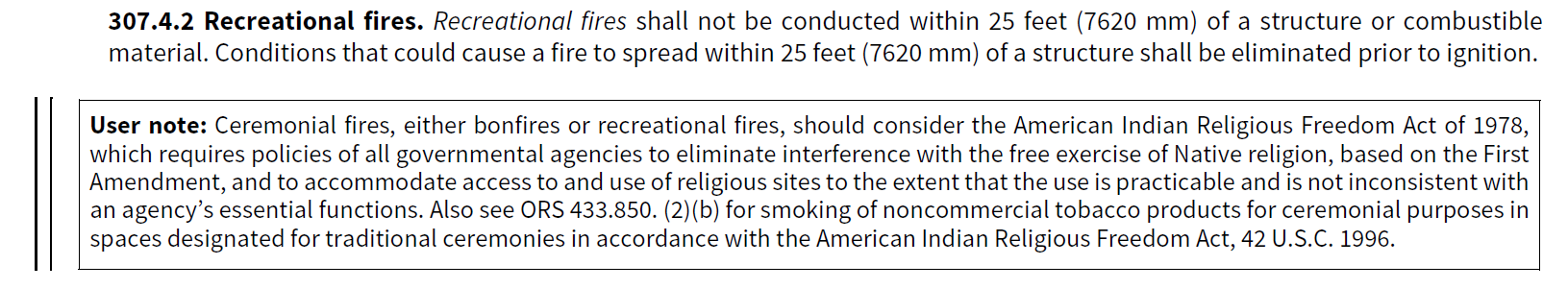 The text explains regulations for recreational fires, emphasizing safety distances and considerations for ceremonial fires per legal guidelines.