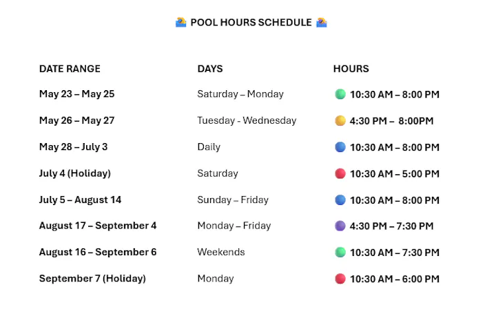 Pool hours schedule with varied days and times from May to September, including holiday hours on the 4th and September 7th.