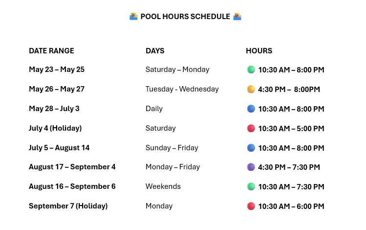 Pool hours schedule with varied days and times from May to September, including holiday hours on the 4th and September 7th.