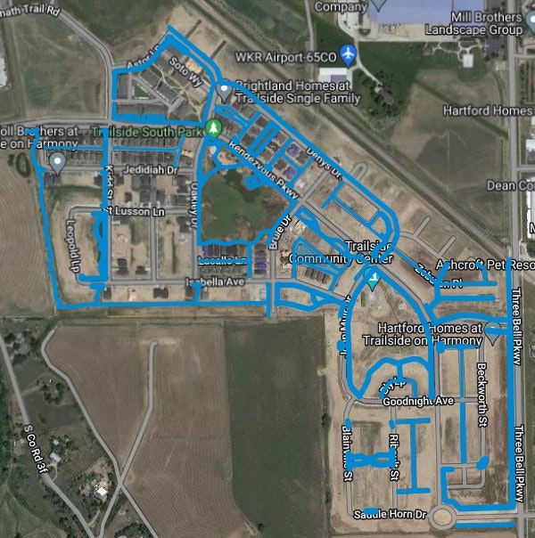 Aerial map view of a residential area with streets, labels, and a park.