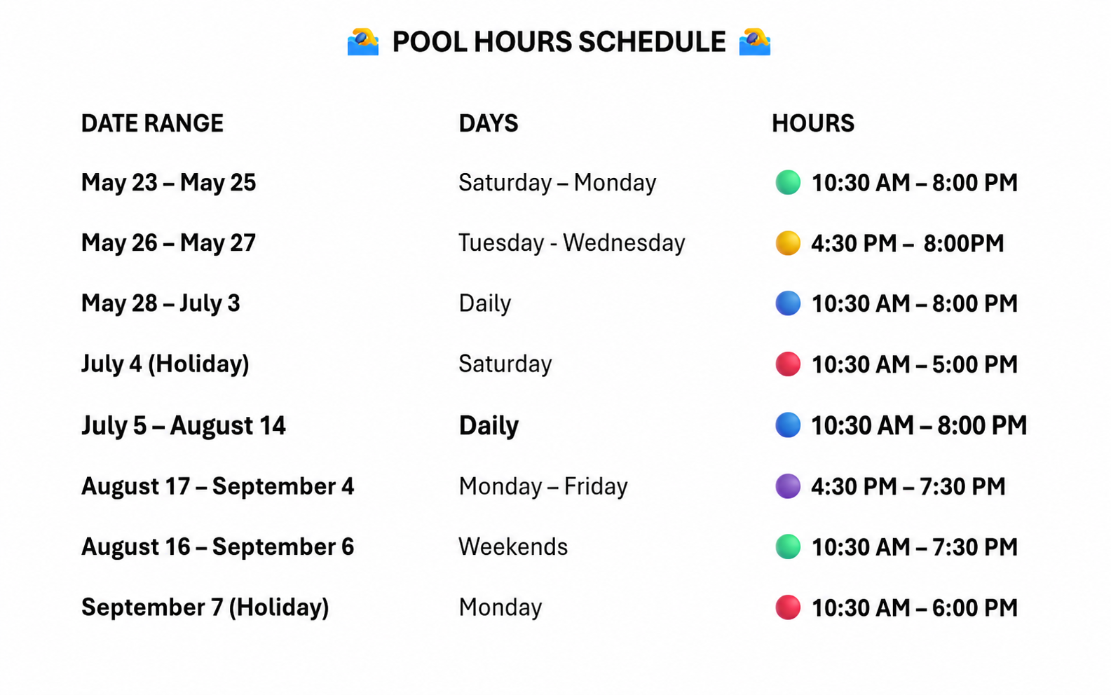 The image shows a pool hours schedule, detailing days and hours for different date ranges from May to September.
