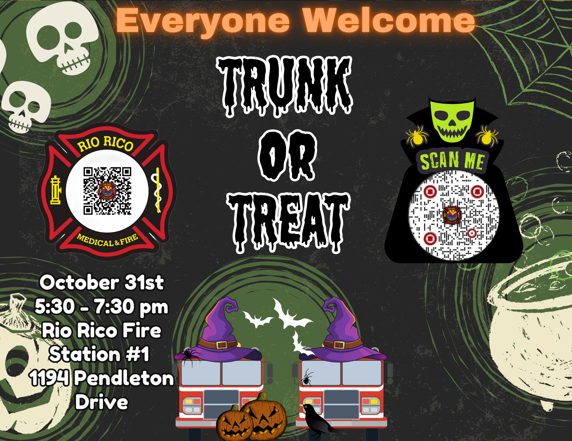 Halloween "Trunk or Treat" event flyer with date, time, location, skulls, witch hats, pumpkins, and QR codes.