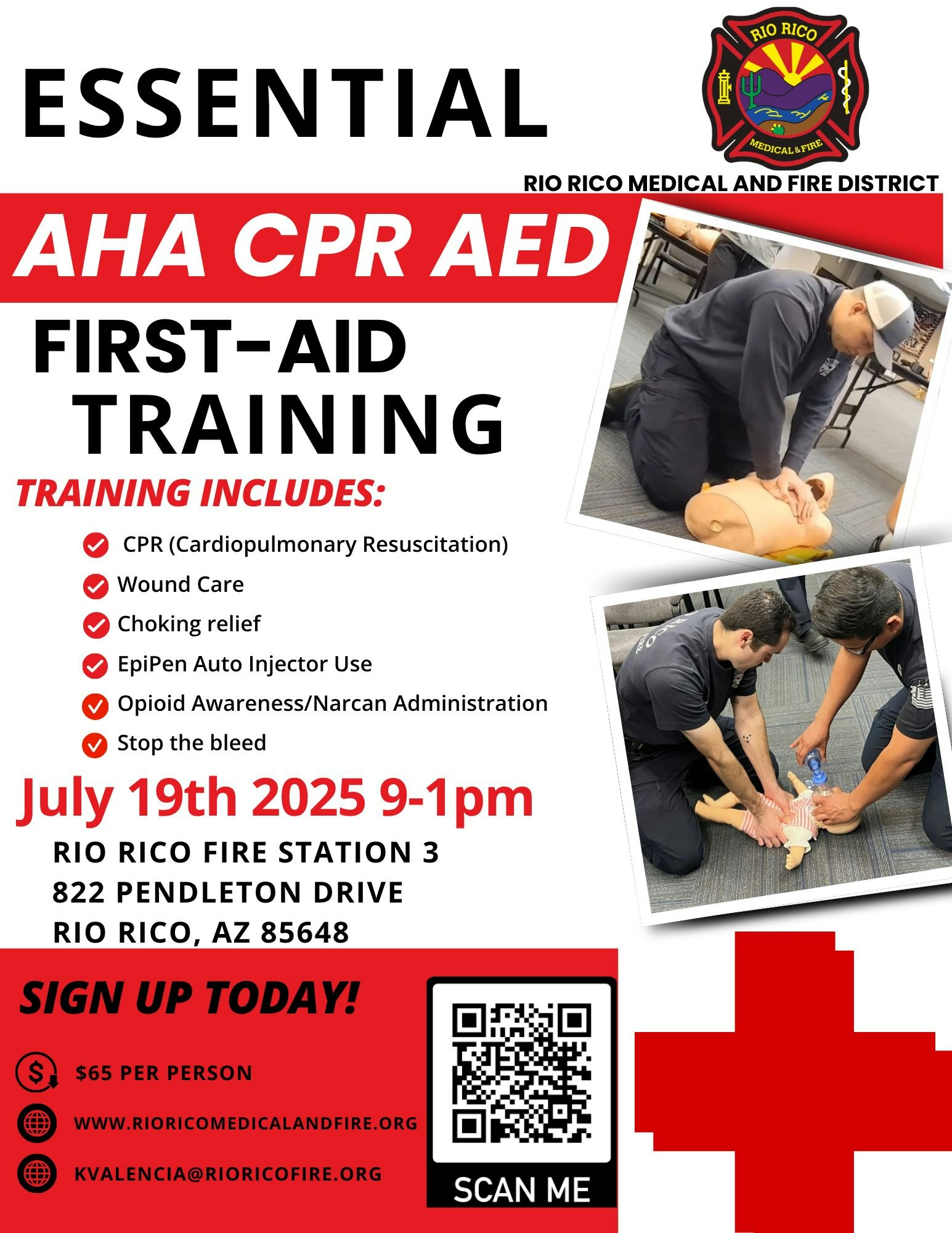 First-aid training event on July 19, 2025, at Rio Rico Fire Station 3, covering CPR, wound care, and more. $65 per person.